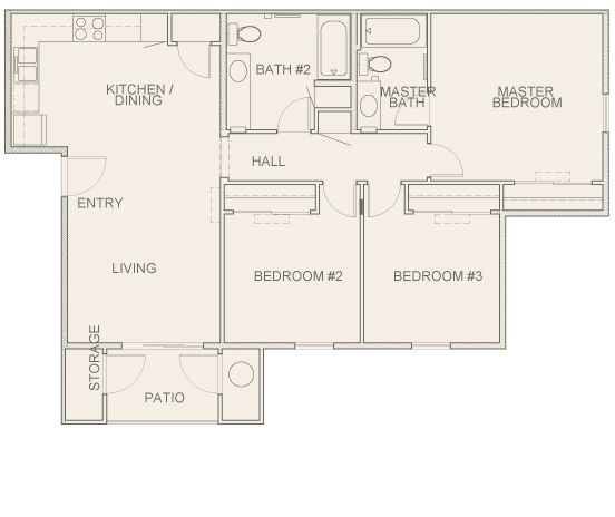 Olive Ranch Apartments | Unit C Three Bedroom Floor Plan